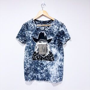 GUESS Grey tie-dye t-shirt with cowgirl and diamond fringes